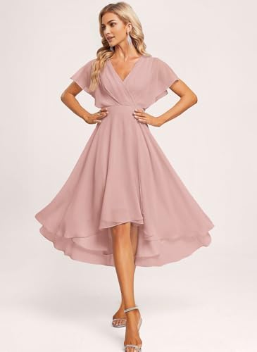 SNOWROSE Short Bridesmaid Dresses for Women V Neck Ruched Chiffon Formal Dress Wedding Party Gowns with Ruffled Sleeve4
