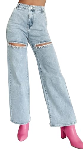 Recious Womens Sexy Ripped Distressed Destroyed Rhinestones Party Clubwear Denim Pants Jeans