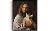 Jesus love Cat Art Print Poster, Religious Faith Spiritual Wall Art Painting Worship Prayer, Religious Art for Living Room and Bathroom 34 (Jesus love Cat, 10"L x 8"W, Black Frame)