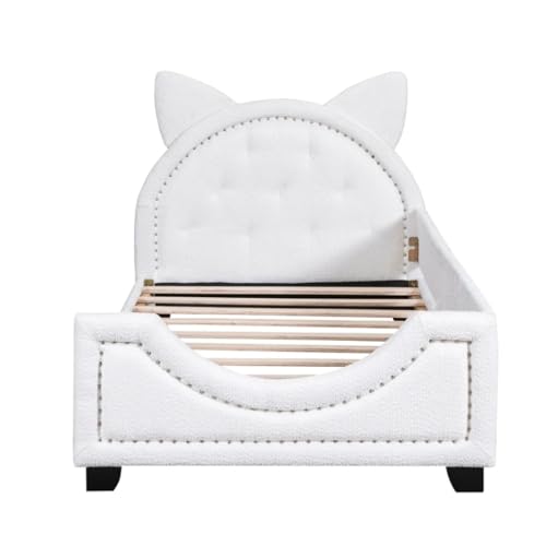 Twin Size Daybed,Comfortable Teddy Fleece Twin Size Upholstered Daybed Ears Shaped Headboard,for Children Bedroom