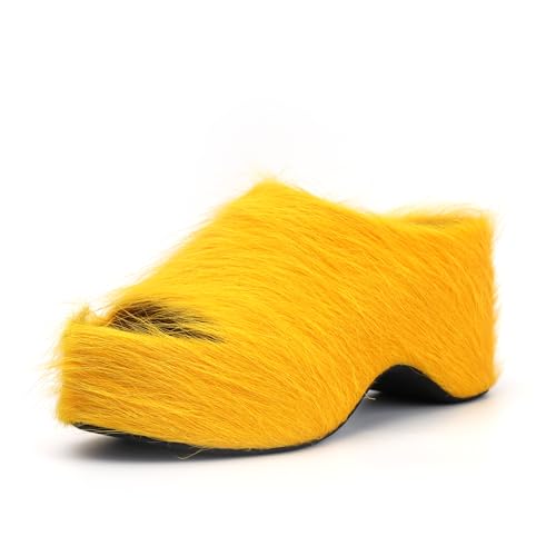 Image of XOBZJH Long-Hair Calfskin Chunky Clog Slide for Women - Memory Foam Luxury Slip on Shoes Women's Mules & Platform Clogs,Designer Mules for Women 2025