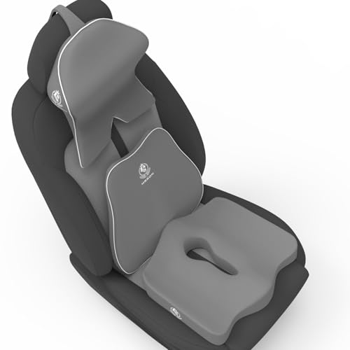 Image of MRRON Memory Foam Posture Corrector Car Seat Cushions Combo | Orthopedic Backrest, Coccyx Cushion & Neckrest | Ergonomic Lumbar Comfort Seat Cushion | Reduces Sciatica (Grey, Slim backrest)