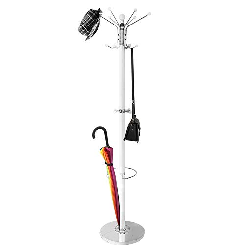 BAKAJI Porte-manteau de design à pied en métal avec 16 crochets crochets pour vêtements de base en marbre, dimensions 38 x 38 x 180 cm (blanc)