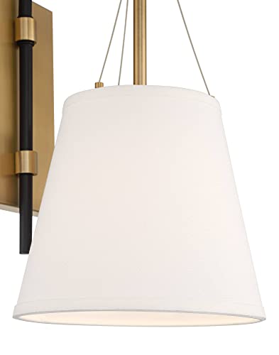 Image of Possini Euro Design Crysta Mid Century Modern Wall Light Sconce Warm Brass Black Hardwired 8 inch Fixture White Linen Drum Shade for Bedroom Living Family Room Home Hallway Dining House