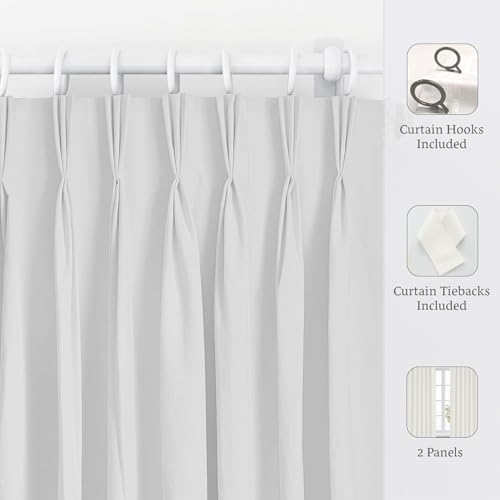 Image of Triple Pinch Pleated Blackout Curtains Thermal Insulated Room Darkening Curtains for Bedroom /Livingroom Pack of 2 Panels, Tiebacks, Hooks (White)