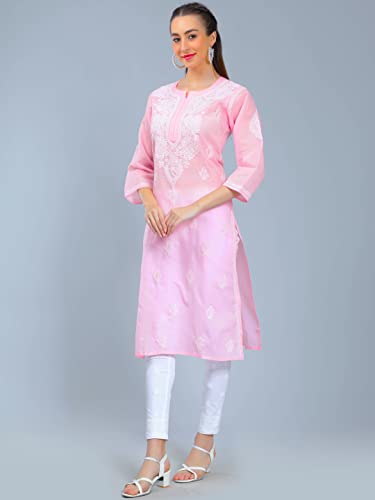 Image of Seva Chikan Hand Embroidered Lucknowi Chikankari Cotton Kurta Kurti for Women SCL4302