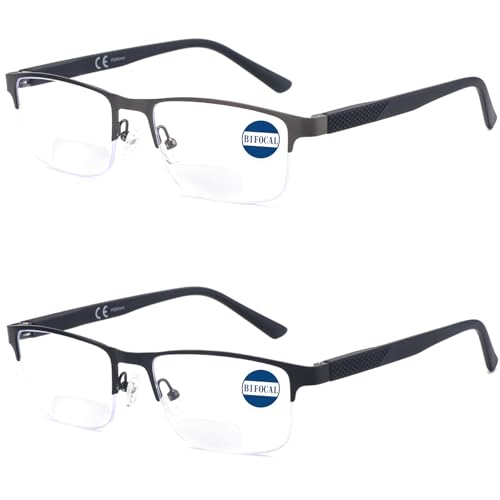 Missfive 2 Pack Mens Bifocal Reading Glasses, Blue Light Blocking Far Near Dual-use Readers, Durable Spring Hinge Quality Metal Frame Eyeglasses 1.5x, Black & Gunmetal