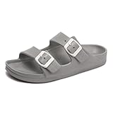 FUNKYMONKEY Women's Comfort Slides Double Buckle Adjustable EVA Flat Sandals (10 M US/Women, Grey)