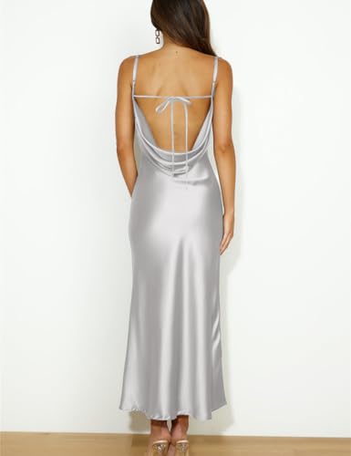 Image of Summer Satin Spaghetti Strap Cowl Neck Backless Midi Dresses for Women Elegant Tie Low Back Ruched Cocktail Dress