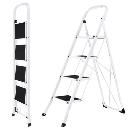 ACSTEP Step Ladder 4 Step Folding Step Stool Foldable for Adults with Handrails Heavy Duty Foldable Stepping Stool with Wide Anti-Slip Pedal 330 Lbs Capacity Steel Frame for Kitchen Office Black