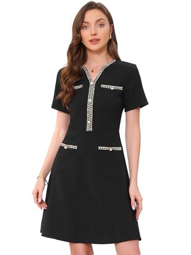 Allegra K Work Dress for Women's V Neck Short Sleeves Tweed Trim Dressy Office A-Line Dresses
