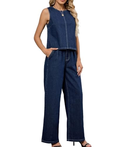 Generisch Conjunto de 2 piezas de chaleco vaquero y pantalón acampanado para mujer, camiseta sin mangas y pantalones vaqueros anchos, conjunto a juego, 6, XL