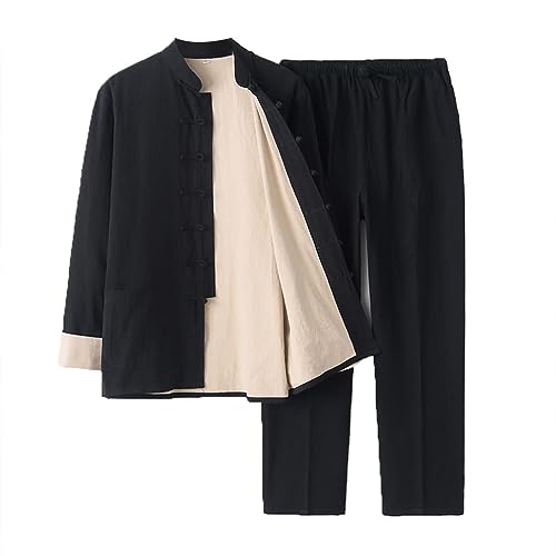 GZKDKZB Uniforme de Kung Fu y Tai Chi de Lino y algodón para Hombre, Conjunto de Ropa de Artes Marciales, Traje Tradicional Chino Tang, Ropa de Kung Fu, Pantalones de Manga Larga, Uniforme