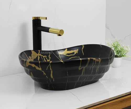 Image of BASSINO 18x14x6 Inches Ceramic Counter Top Wash Basin /1 Year Glazing Warranty /Designer Black Basin for Bathroom with Brown Veins /Tabletop Washbasin for Dining Hall /Living Room(Matt Marble Finish)