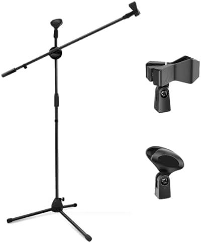 Powerpak MS-1001 3 Leg Boom Dual Microphone Stand with Dual Mic Clip Holders | for Studio Recording, Speech, Stage,Outdoor Activities (Black)
