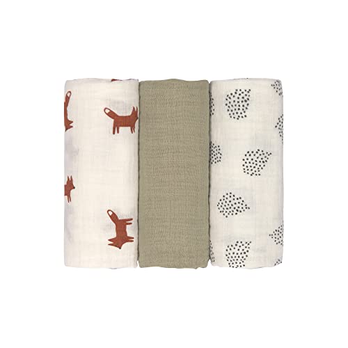 LÄSSIG Baby Puckdecke Spuckdecke Pucktuch Mulltuch 3er Set Baumwolle 60 x 60 cm/Swaddle & Burp Blanket M Little Forest Fox