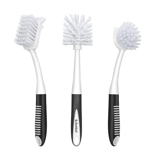 SetSail Dish Brush Set of 4 with Bottle Brush, Dish Scrub Brush with Long Handle Deep Cleaning Handle Brush with Scraper Tip for Kitchen Sink Dishes Bottle Cup Pot and Pans Tile Lines, Black