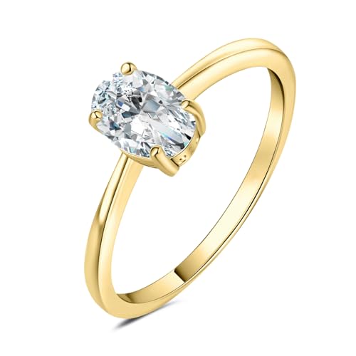 JewelryPalace Solitario Anillo Bañado en Oro de 14K Mujer 1ct Circonita Corte Ovalado, Anillo de Compromiso Diamante Simulado, Anillo Promesa Oro 14k Clásico Piedra, Conjunto Joyas 17