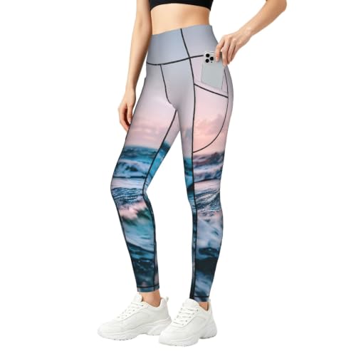 Pantalones de yoga con bolsillos y estampado de olas oceánicas para fitness mallas opacas