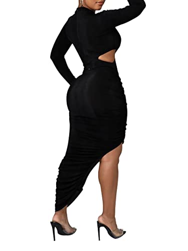 Women's Sexy Ruched Long Sleeve Bodycon Dress Cut Out Solid Color Basic Fitted Elegant Midi Dresses2