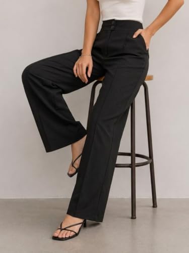 Image of Women's High Waist Wide Leg Trousers | High Rise Button Closure Palazzo Pants | Comfortable Casual Formal Office Wear Trousers | Stylish Bottom Wear for Women