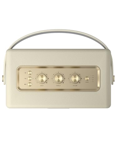 Image of MLOVE A200 Portable Retro Bluetooth Speaker with Aux Input, USB Port, Micro SD Card Slot - Decorative Wireless Bookshelf Speakers Battery Powered, House Warming Gifts for New Home, White Strap