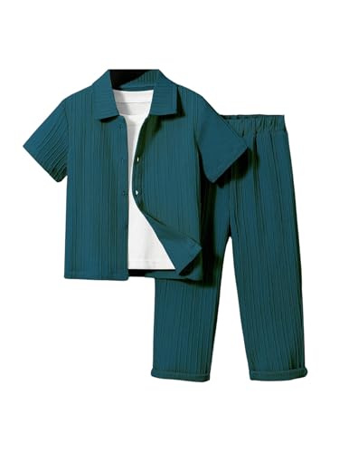 Image of RoseSeek Boy's 2 Piece Outfits Textured Button Down Short Sleeve Collar Shirts Tops and Elastic Waisted Pants Dark Green 4Y