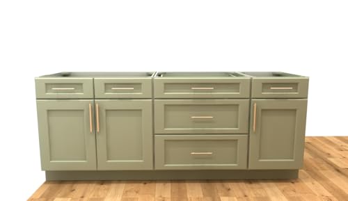 84-inch Kitchen Island Base Cabinet, Sage Green Shaker Style, 3 Drawers and 4 Doors