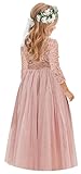 2Bunnies Girl Paisley Lace Back A-Line Tutu Tulle Party Flower Girl Dress (Long Sleeve Maxi-Dusty Pink, 12/14)