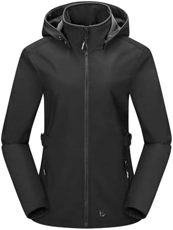 Outdoor Ventures Damen Wasserdichte Softshelljacke mit Abnehmbarer Kapuze | Fleecegefüttert, mit Taillengürtel, 4 Taschen, Warm, Winddicht, Atmungsaktiv, Übergangsjacke, Funktionsj