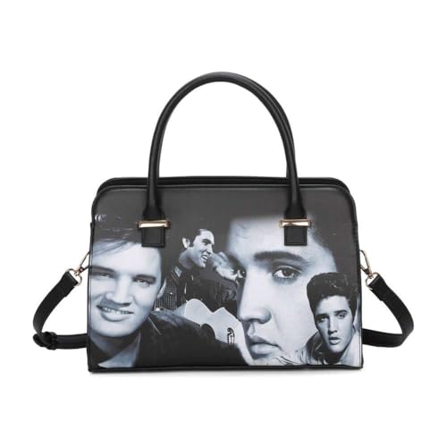 Pluspup Ladies Elvis Print PU Leather Small Tote Hobo Handbag Shoulder Bag with Crossbody Strap For Women - P3-BK