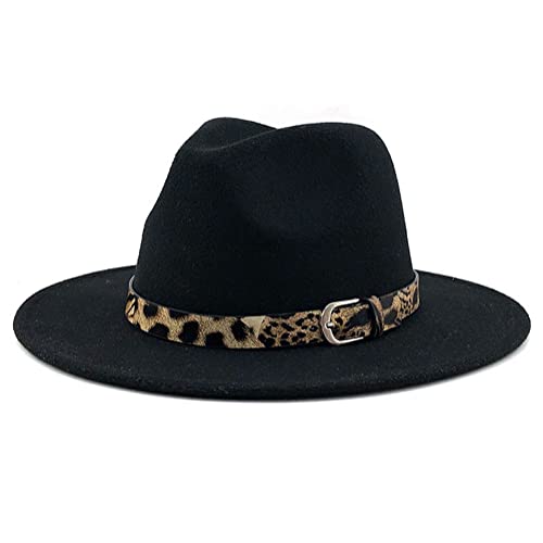 Sombreros fedora Panamá para mujer de fieltro de ala ancha, con hebilla de cinturón de leopardo