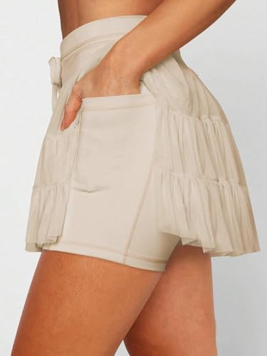 EARKOHA 2025 Skirts for Women High Waist Tie Pleated Solid Color Mini Skirt with Pockets Apricot XL3