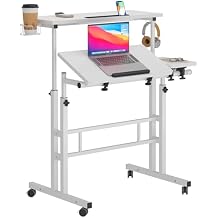 SogesHome 31.5 inches Adjustable Laptop Desk Table, Portable Laptop Table Computer Stand Desk Cart Tray with Cup Holder&Hang Hook, Update White