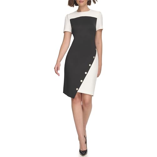 Robe fourreau femme asymétrique bicolore noir ivoire en crêpe léger