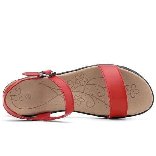 Image of Women's Classic Flat Sandals Leather Open Toes Memory Foam One Band Ankle Strap Adjustable Slip On Shoes