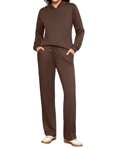 Totatuit Conjunto sport mujer 2 piezas sudadera con capucha pantalón ancho loungewear cálido casual chic Marrón，M
