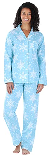PajamaMania Women's Cotton Flannel Long Sleeve Button-Down Pajamas PJ Set, Icy Snowflakes, Large