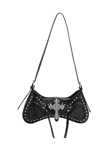 Verdusa Women's Y2k Studded Cross Shoulder Handbags Punk Top Handle Crescent Underarm Bags