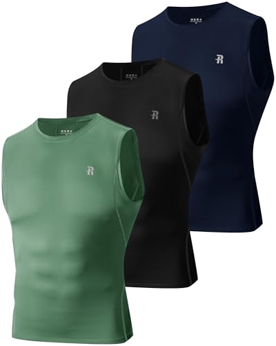 Runhit 3 Pack Men's Compression Shirts Sleeveless Workout Athletic Tank Top Lightweight Sports Base Layer Undershirt for Running Basketball Black/Navy/Green M