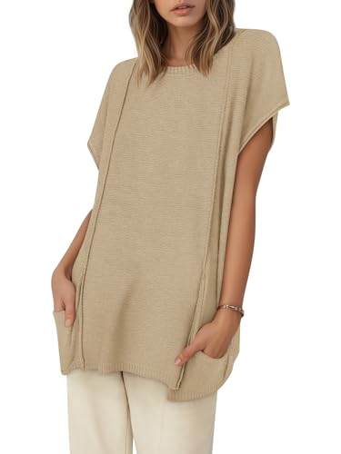Womens Fall Sweater Vest Oversized Short Sleeve Crew Neck Pullover with Pocket Tunic2