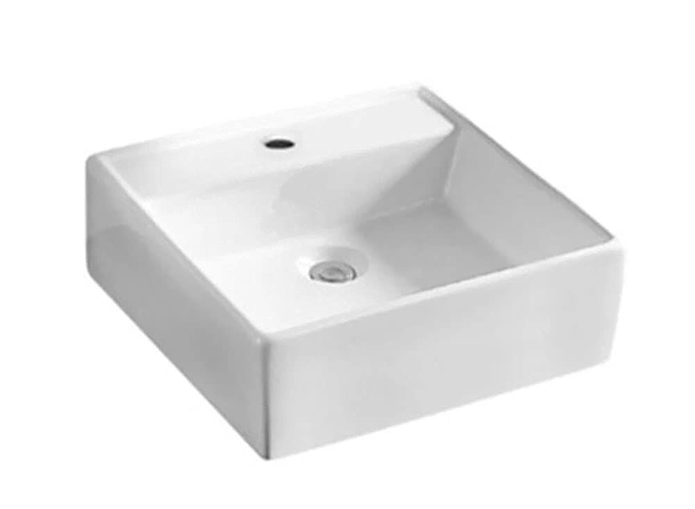 Lavabo pequeño de porcelana blanca Formentera | Pila 28x28x10 cm, sin Rebosadero, con Orificio de grifo | Diseño moderno | Lavamanos para instalar sobre Encimera o sobre mueble de baño