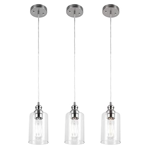 GRUENLICH Pendant Light, Hanging Ceiling Light Fixture for Kitchen and Dining Room, E26 Medium Base, Metal Construction with Clear Glass, Bulb not Included, 3-Pack, Nickel Finish Cover