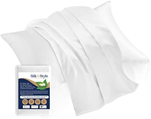 SILK & STYLE 100% Natural Mulberry Silk Pillowcase for Hair and Skin 22 Momme/mm Highest Grade 6A Silk Breathable Naturally Hypoallergenic Both Sides Pure Silk (1 Piece) Hidden Zipper (White Standard)