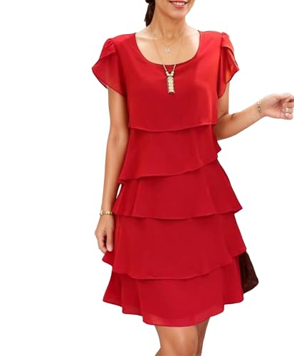 Akivide Women's Elegant Chiffon Dresses Ruffle Tiered Layered Crewneck Flutter Sleeve Cocktail Party Flowy Midi Dress
