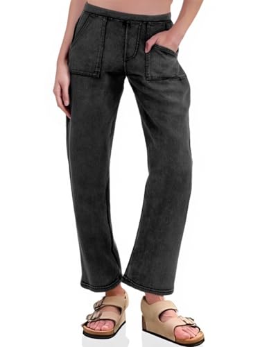 Mid Waisted Straight Leg Pull On Jeans for Women Denim Pants with Pockets Stretchy