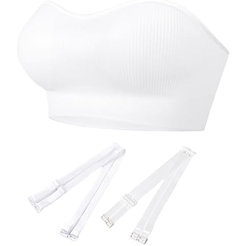 PRETTYWELL Strapless Bra for Women Ribbed Seamless Non-Slip Comfort Padded Wireless Bandeau Bras Wireless Tube Top Bra White Cover