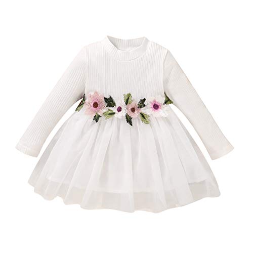 Baby Girl Clothes Little Girl Fall Outfit Winter Long Sleeve Princess Dresses Flower Girl Cute White Tutu Dresses for Toddler Girls Baby Girl 12-18 Months Clothing Baby Girl Stuff