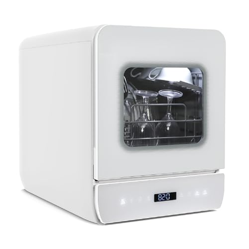 YU YUSING Lavavajillas de Encimera 45 cm 4.8 L con 7 Programas 5 Juegos, Mini Lavavajillas Pequeño con 2 Suministro Agua, Portátil, Control Táctil, Pantalla LED para Casa Oficina Camping, Blanco