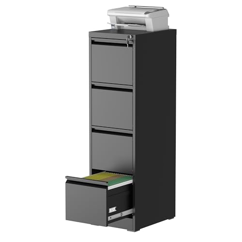 FOSTOKO 4 Drawer File Cabinet with Lock, Steel Vertical Filing Storage Cabinet for Home Office, Heavy-Duty File Cabinets for Letters/Legal/A4 (Require Assembly, Black)